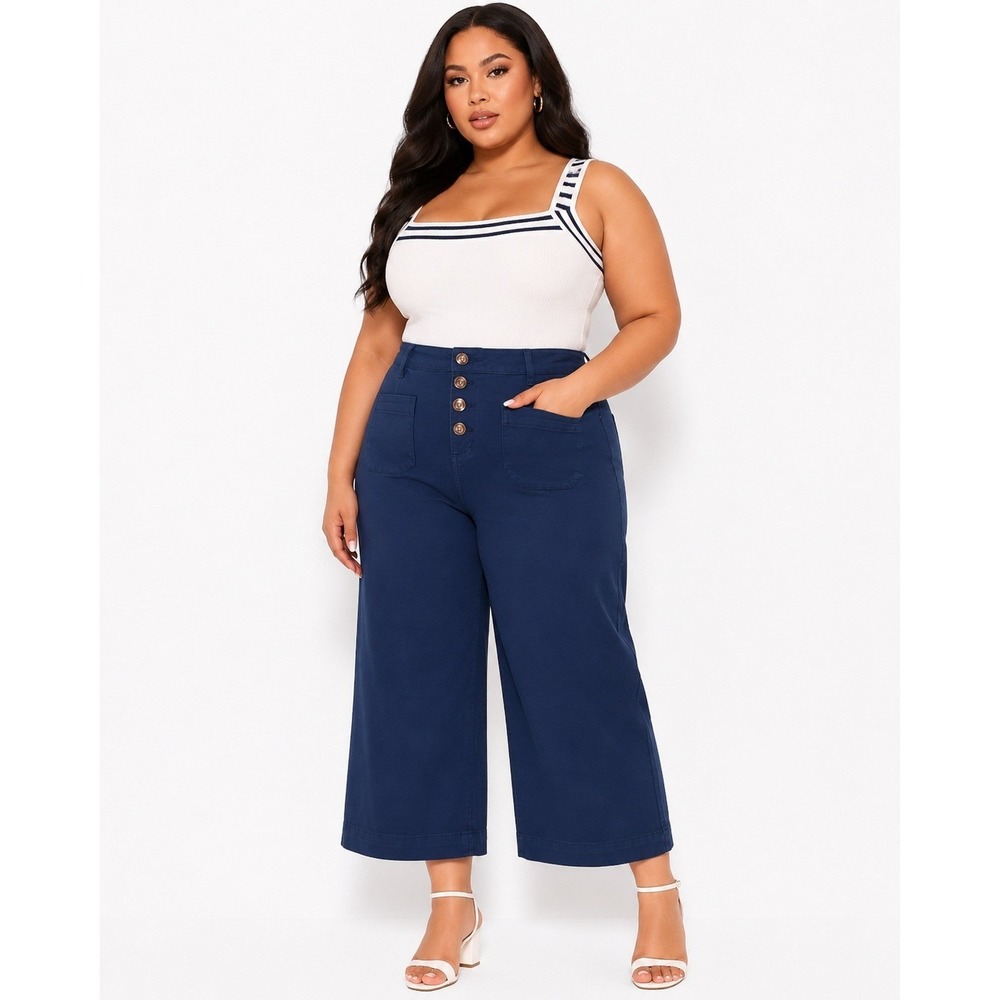 Tribal Audrey Hugging Navy Blue Button Fly Wide Leg Crop Pants 16W NWT